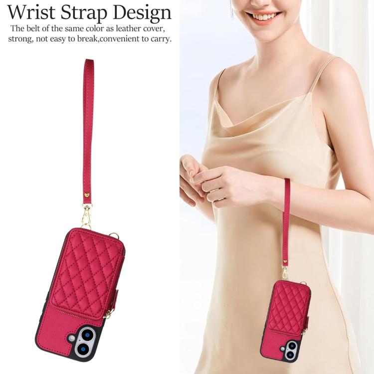 For iPhone 17 AwQuer Crossbody Zipper Wallet Rhombic Leather Back Phone Case