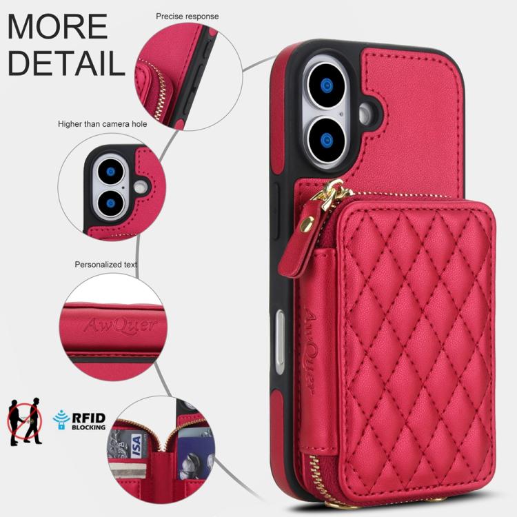 For iPhone 17 AwQuer Crossbody Zipper Wallet Rhombic Leather Back Phone Case