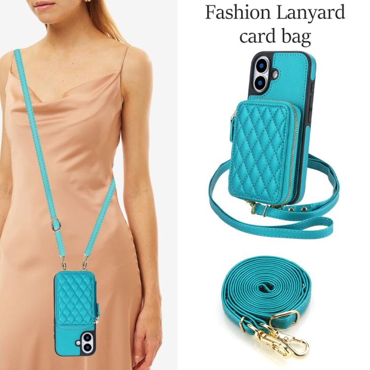 For iPhone 17 AwQuer Crossbody Zipper Wallet Rhombic Leather Back Phone Case