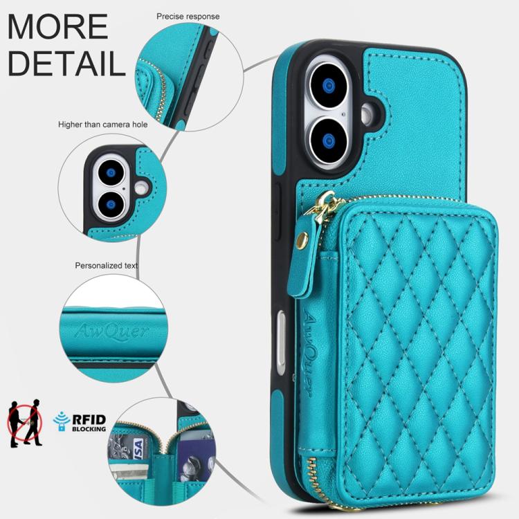 For iPhone 17 AwQuer Crossbody Zipper Wallet Rhombic Leather Back Phone Case
