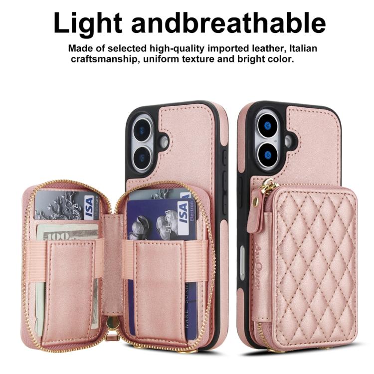 For iPhone 17 AwQuer Crossbody Zipper Wallet Rhombic Leather Back Phone Case