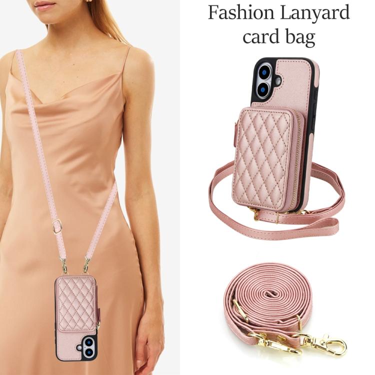 For iPhone 17 AwQuer Crossbody Zipper Wallet Rhombic Leather Back Phone Case