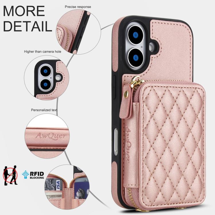 For iPhone 17 AwQuer Crossbody Zipper Wallet Rhombic Leather Back Phone Case
