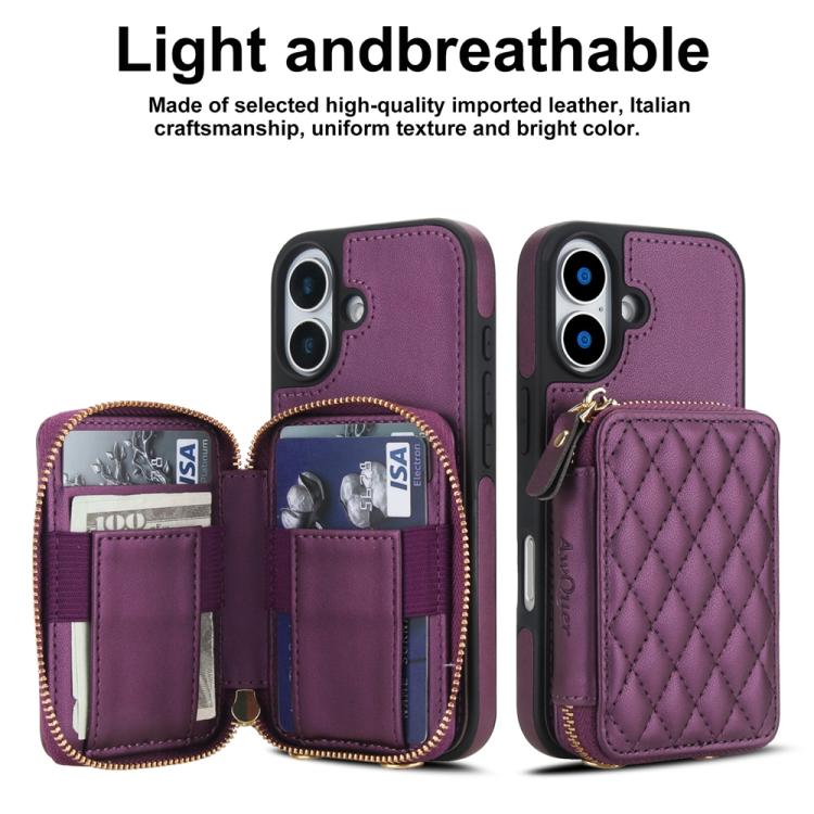 For iPhone 17 AwQuer Crossbody Zipper Wallet Rhombic Leather Back Phone Case