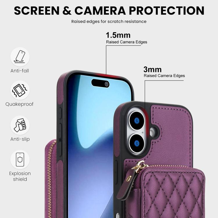 For iPhone 17 AwQuer Crossbody Zipper Wallet Rhombic Leather Back Phone Case