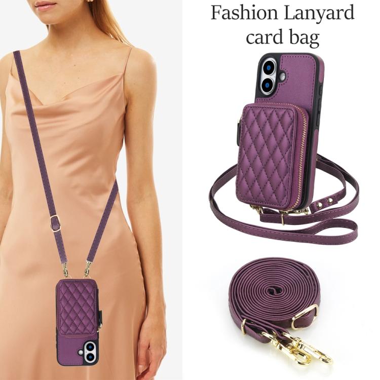 For iPhone 17 AwQuer Crossbody Zipper Wallet Rhombic Leather Back Phone Case