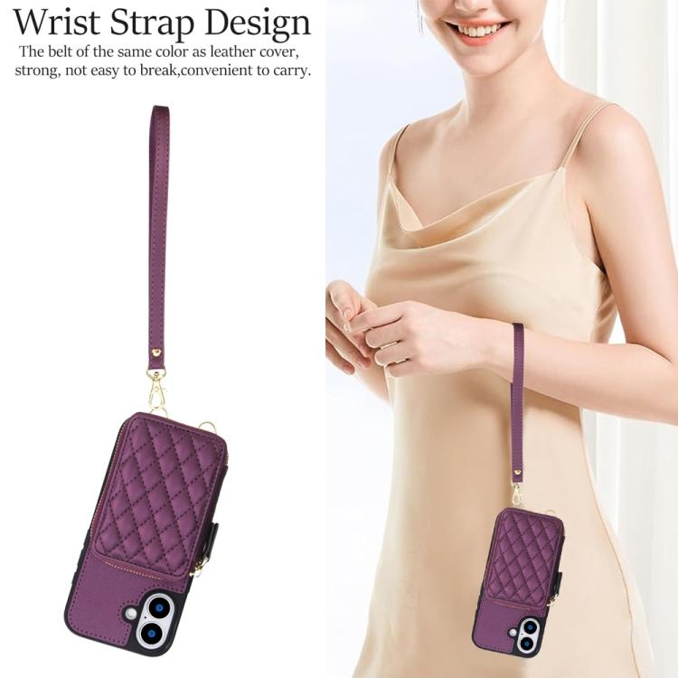 For iPhone 17 AwQuer Crossbody Zipper Wallet Rhombic Leather Back Phone Case