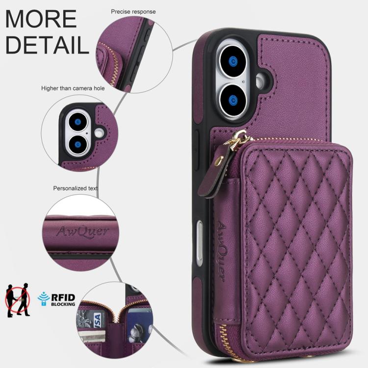 For iPhone 17 AwQuer Crossbody Zipper Wallet Rhombic Leather Back Phone Case