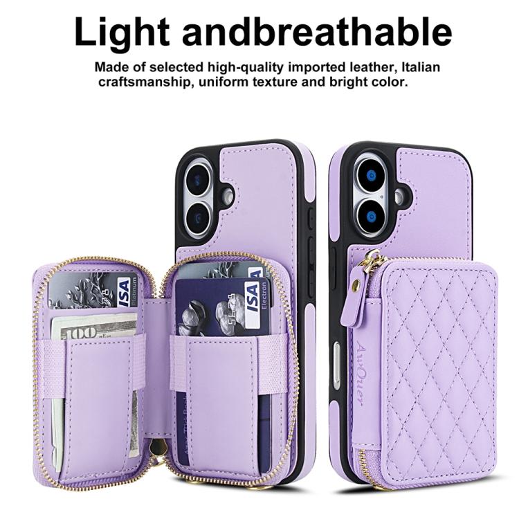 For iPhone 17 AwQuer Crossbody Zipper Wallet Rhombic Leather Back Phone Case