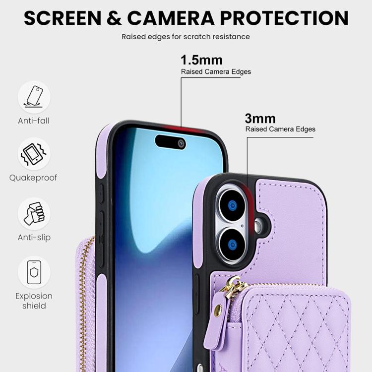 For iPhone 17 AwQuer Crossbody Zipper Wallet Rhombic Leather Back Phone Case