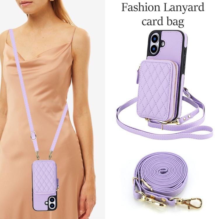 For iPhone 17 AwQuer Crossbody Zipper Wallet Rhombic Leather Back Phone Case
