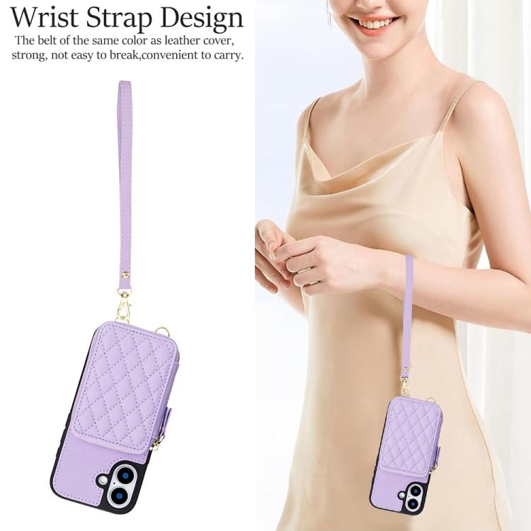For iPhone 17 AwQuer Crossbody Zipper Wallet Rhombic Leather Back Phone Case
