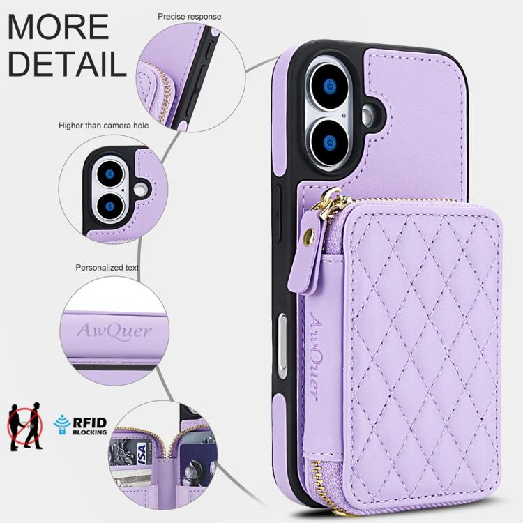 For iPhone 17 AwQuer Crossbody Zipper Wallet Rhombic Leather Back Phone Case