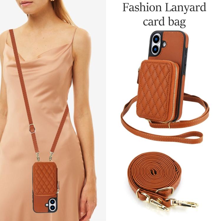 For iPhone 17 AwQuer Crossbody Zipper Wallet Rhombic Leather Back Phone Case