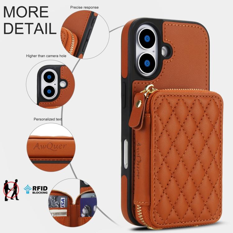 For iPhone 17 AwQuer Crossbody Zipper Wallet Rhombic Leather Back Phone Case
