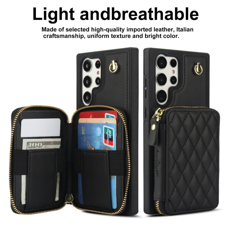 For Samsung Galaxy S23 Ultra 5G AwQuer Crossbody Zipper Wallet Rhombic Leather Back Phone Case