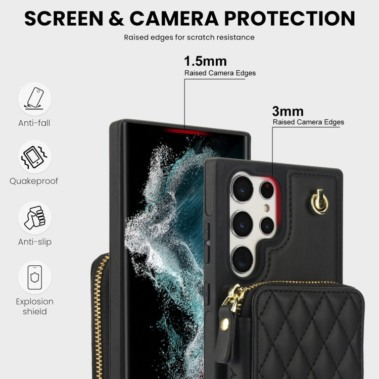 For Samsung Galaxy S23 Ultra 5G AwQuer Crossbody Zipper Wallet Rhombic Leather Back Phone Case