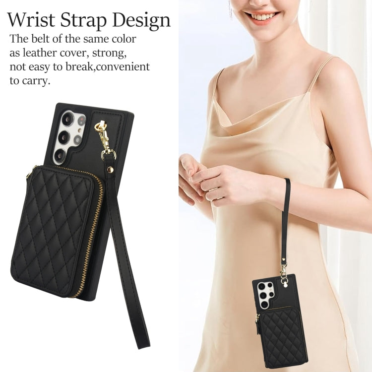 For Samsung Galaxy S23 Ultra 5G AwQuer Crossbody Zipper Wallet Rhombic Leather Back Phone Case