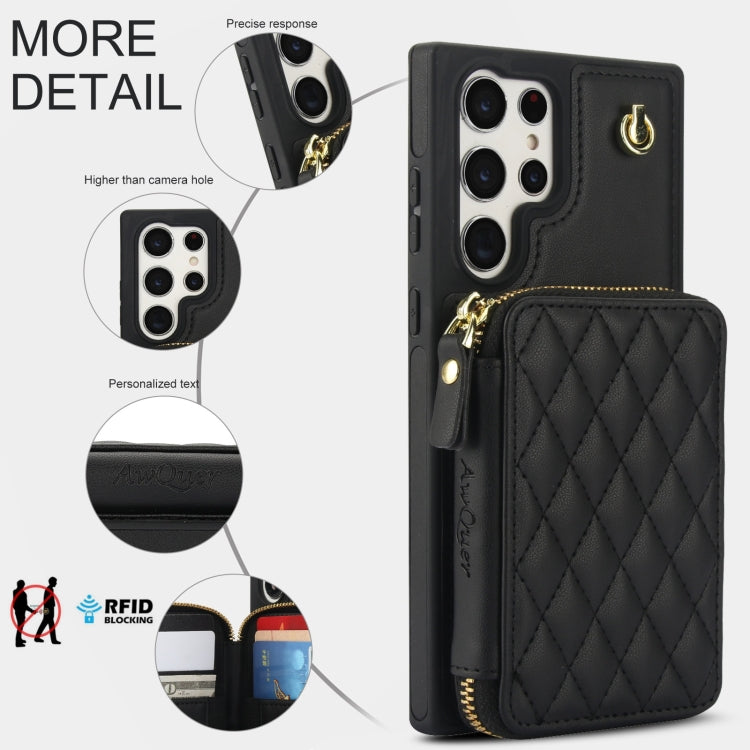 For Samsung Galaxy S23 Ultra 5G AwQuer Crossbody Zipper Wallet Rhombic Leather Back Phone Case
