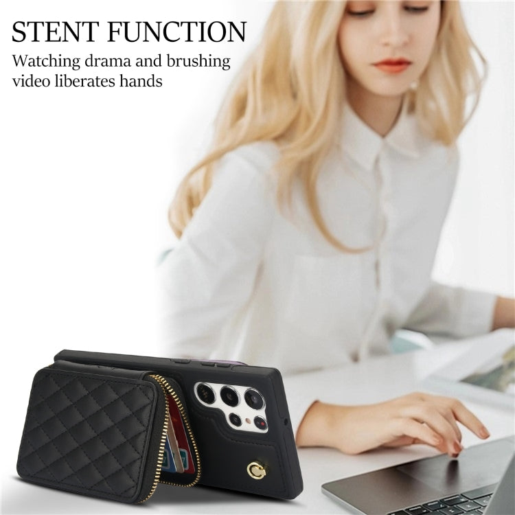 For Samsung Galaxy S23 Ultra 5G AwQuer Crossbody Zipper Wallet Rhombic Leather Back Phone Case