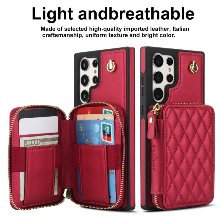For Samsung Galaxy S23 Ultra 5G AwQuer Crossbody Zipper Wallet Rhombic Leather Back Phone Case