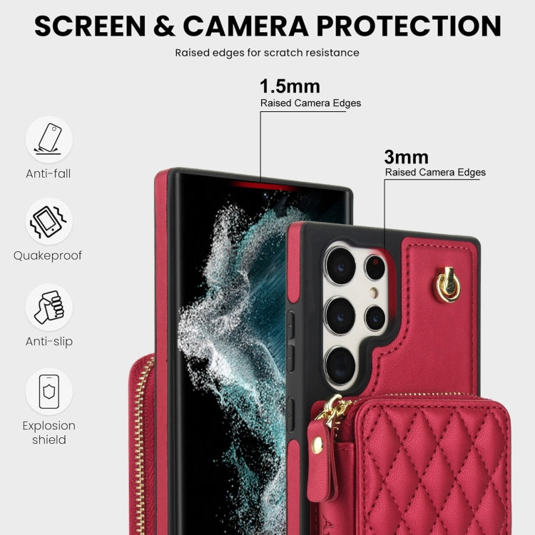 For Samsung Galaxy S23 Ultra 5G AwQuer Crossbody Zipper Wallet Rhombic Leather Back Phone Case