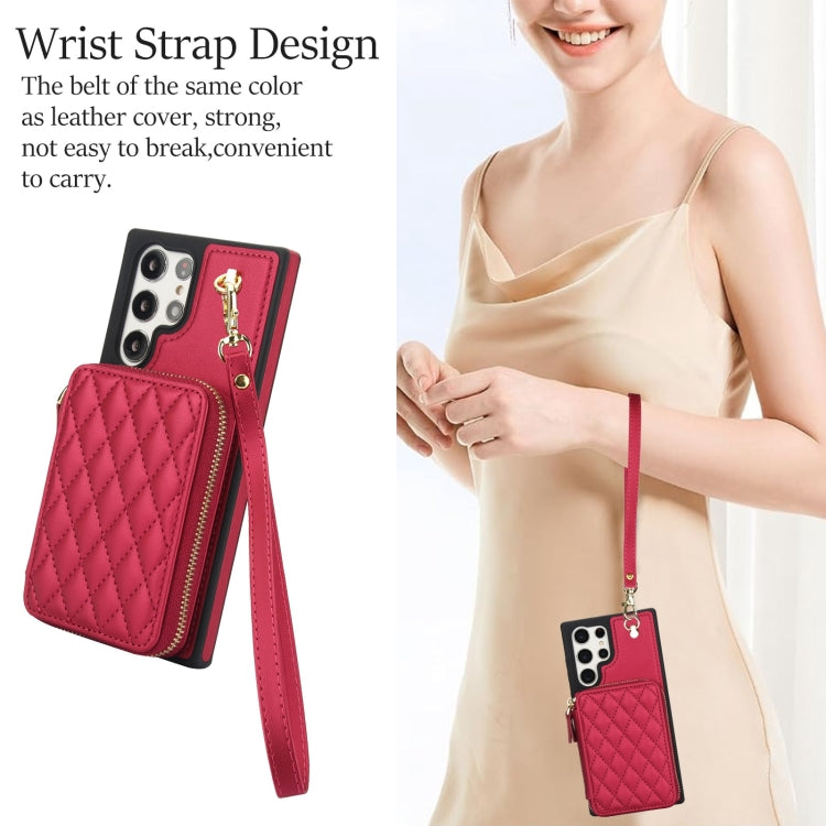For Samsung Galaxy S23 Ultra 5G AwQuer Crossbody Zipper Wallet Rhombic Leather Back Phone Case