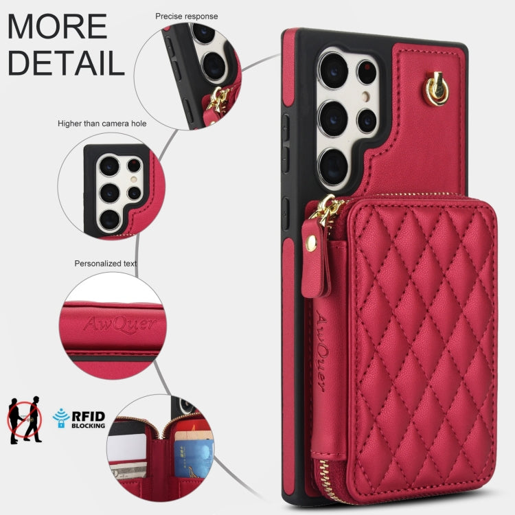 For Samsung Galaxy S23 Ultra 5G AwQuer Crossbody Zipper Wallet Rhombic Leather Back Phone Case