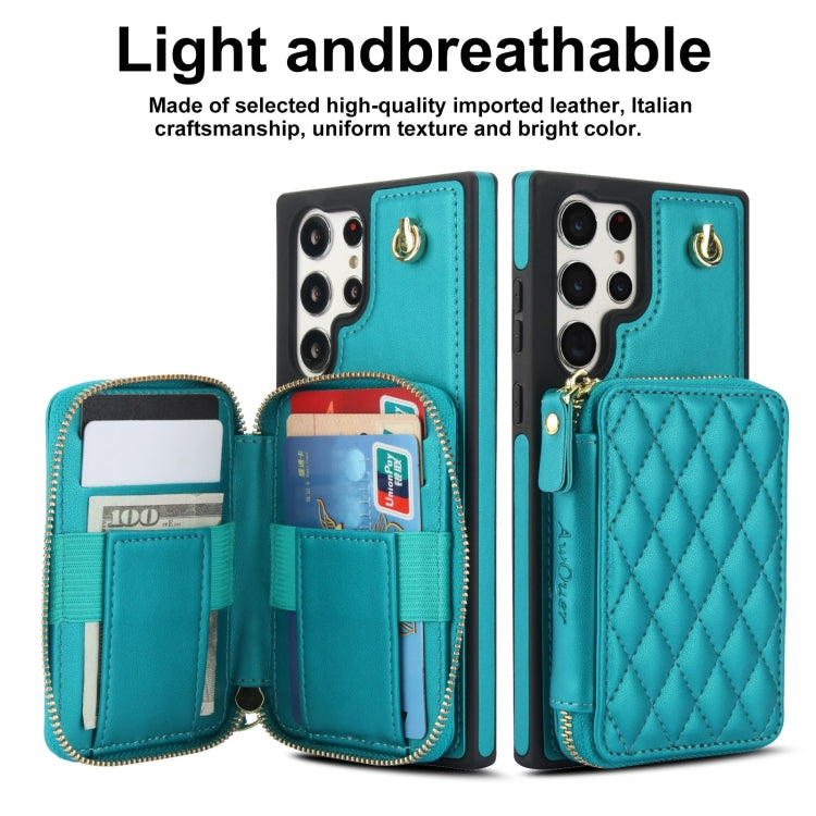 For Samsung Galaxy S23 Ultra 5G AwQuer Crossbody Zipper Wallet Rhombic Leather Back Phone Case
