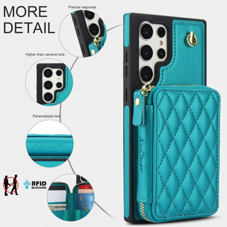 For Samsung Galaxy S23 Ultra 5G AwQuer Crossbody Zipper Wallet Rhombic Leather Back Phone Case