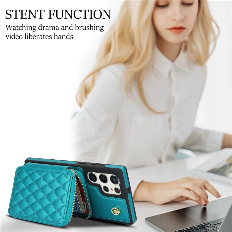 For Samsung Galaxy S23 Ultra 5G AwQuer Crossbody Zipper Wallet Rhombic Leather Back Phone Case