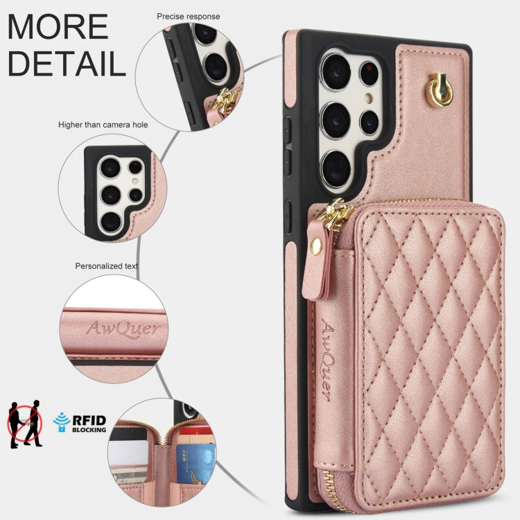 For Samsung Galaxy S23 Ultra 5G AwQuer Crossbody Zipper Wallet Rhombic Leather Back Phone Case