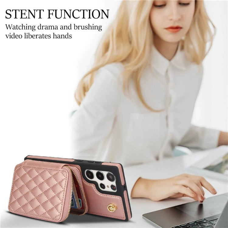 For Samsung Galaxy S23 Ultra 5G AwQuer Crossbody Zipper Wallet Rhombic Leather Back Phone Case