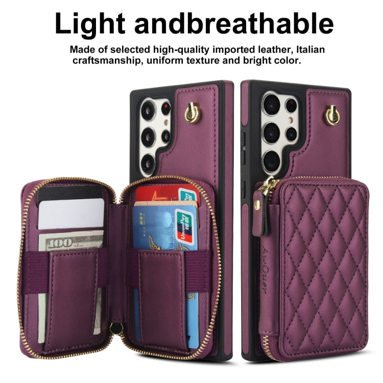 For Samsung Galaxy S23 Ultra 5G AwQuer Crossbody Zipper Wallet Rhombic Leather Back Phone Case