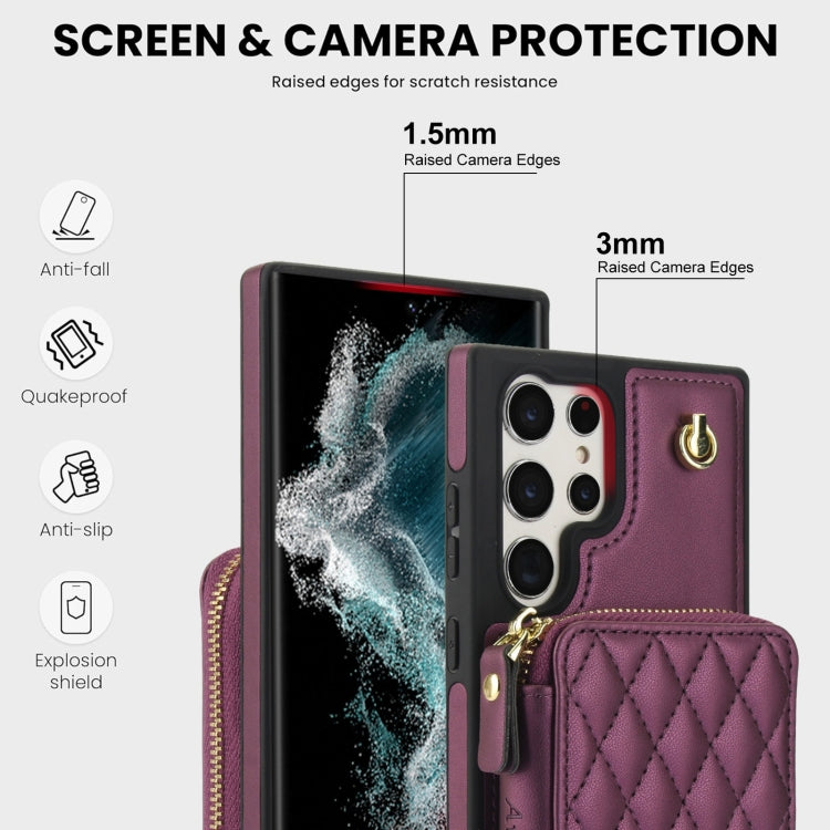 For Samsung Galaxy S23 Ultra 5G AwQuer Crossbody Zipper Wallet Rhombic Leather Back Phone Case