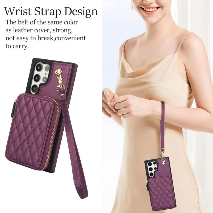 For Samsung Galaxy S23 Ultra 5G AwQuer Crossbody Zipper Wallet Rhombic Leather Back Phone Case