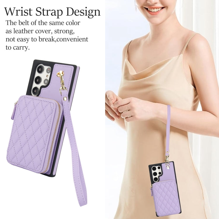 For Samsung Galaxy S23 Ultra 5G AwQuer Crossbody Zipper Wallet Rhombic Leather Back Phone Case