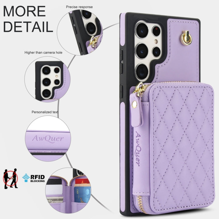 For Samsung Galaxy S23 Ultra 5G AwQuer Crossbody Zipper Wallet Rhombic Leather Back Phone Case