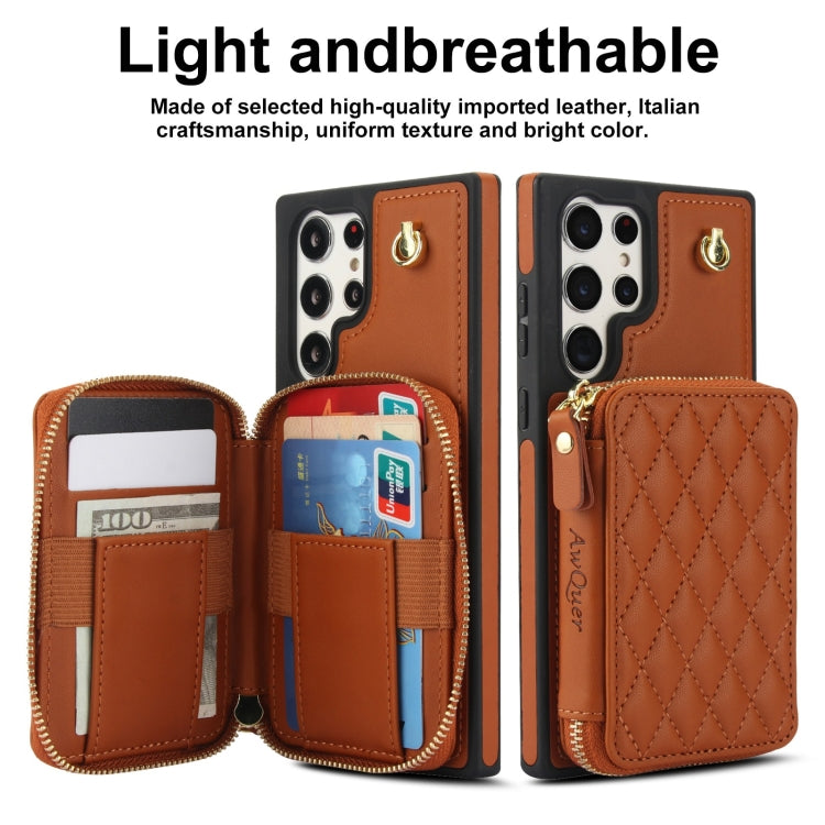 For Samsung Galaxy S23 Ultra 5G AwQuer Crossbody Zipper Wallet Rhombic Leather Back Phone Case
