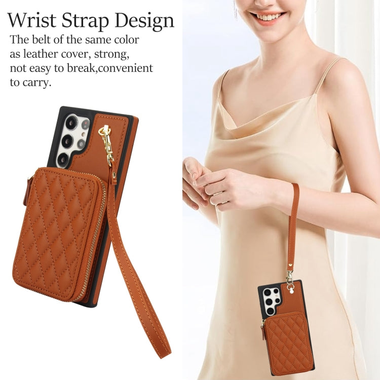 For Samsung Galaxy S23 Ultra 5G AwQuer Crossbody Zipper Wallet Rhombic Leather Back Phone Case