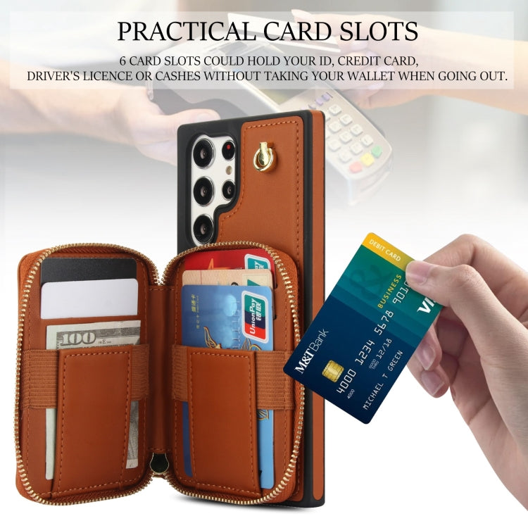 For Samsung Galaxy S23 Ultra 5G AwQuer Crossbody Zipper Wallet Rhombic Leather Back Phone Case