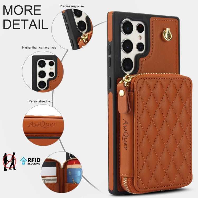 For Samsung Galaxy S23 Ultra 5G AwQuer Crossbody Zipper Wallet Rhombic Leather Back Phone Case