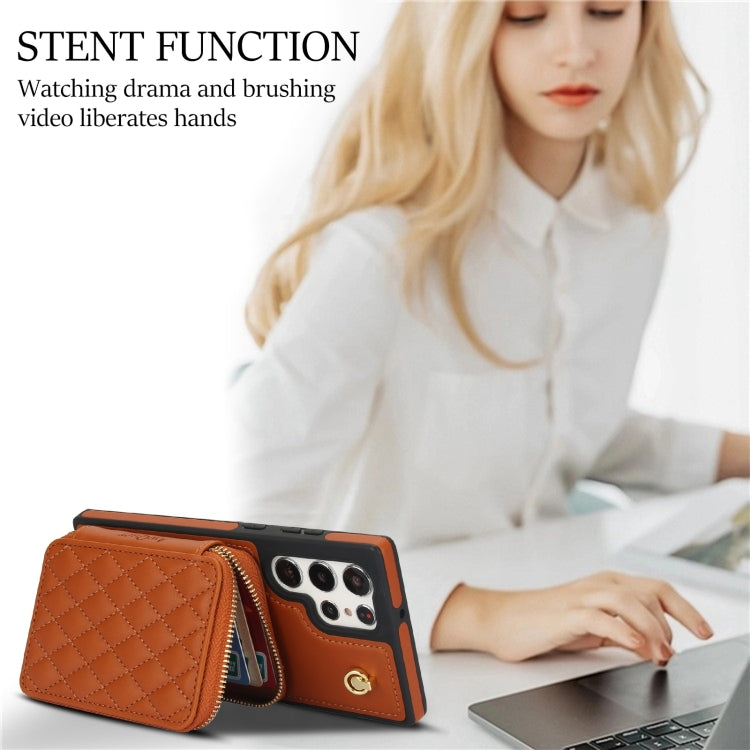 For Samsung Galaxy S23 Ultra 5G AwQuer Crossbody Zipper Wallet Rhombic Leather Back Phone Case