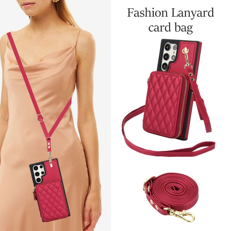 For Samsung Galaxy S22 Ultra 5G AwQuer Crossbody Zipper Wallet Rhombic Leather Back Phone Case
