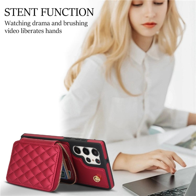 For Samsung Galaxy S22 Ultra 5G AwQuer Crossbody Zipper Wallet Rhombic Leather Back Phone Case