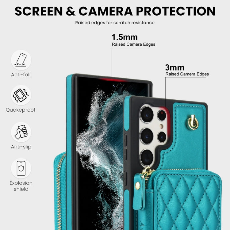 For Samsung Galaxy S22 Ultra 5G AwQuer Crossbody Zipper Wallet Rhombic Leather Back Phone Case