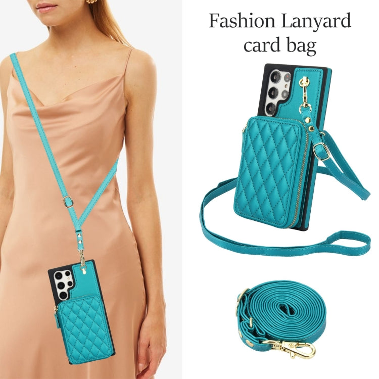 For Samsung Galaxy S22 Ultra 5G AwQuer Crossbody Zipper Wallet Rhombic Leather Back Phone Case