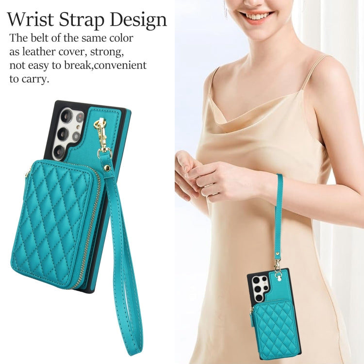 For Samsung Galaxy S22 Ultra 5G AwQuer Crossbody Zipper Wallet Rhombic Leather Back Phone Case