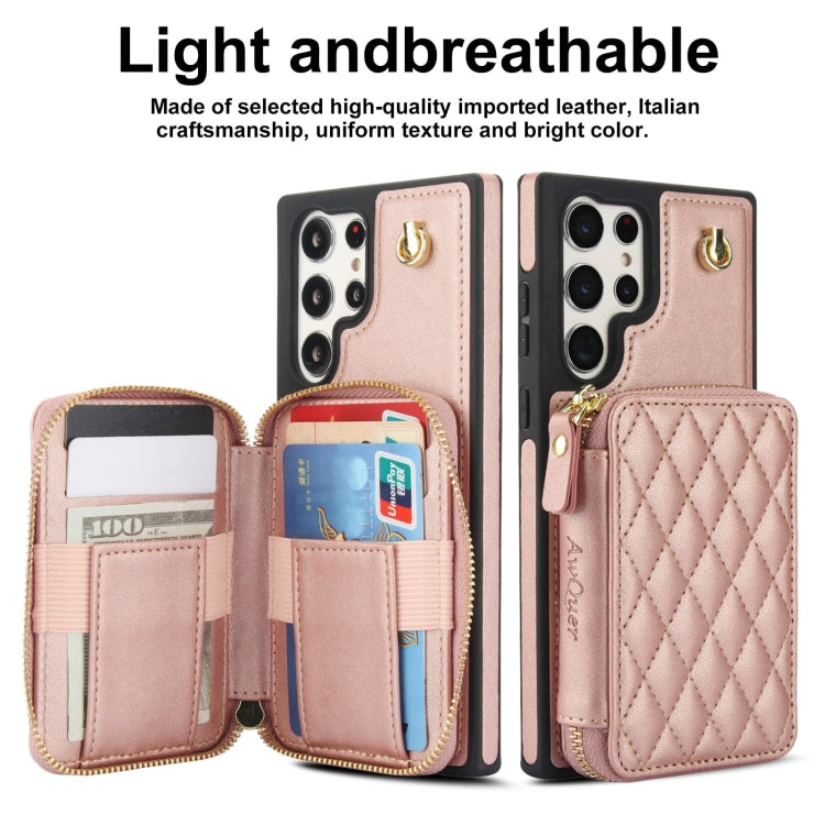 For Samsung Galaxy S22 Ultra 5G AwQuer Crossbody Zipper Wallet Rhombic Leather Back Phone Case