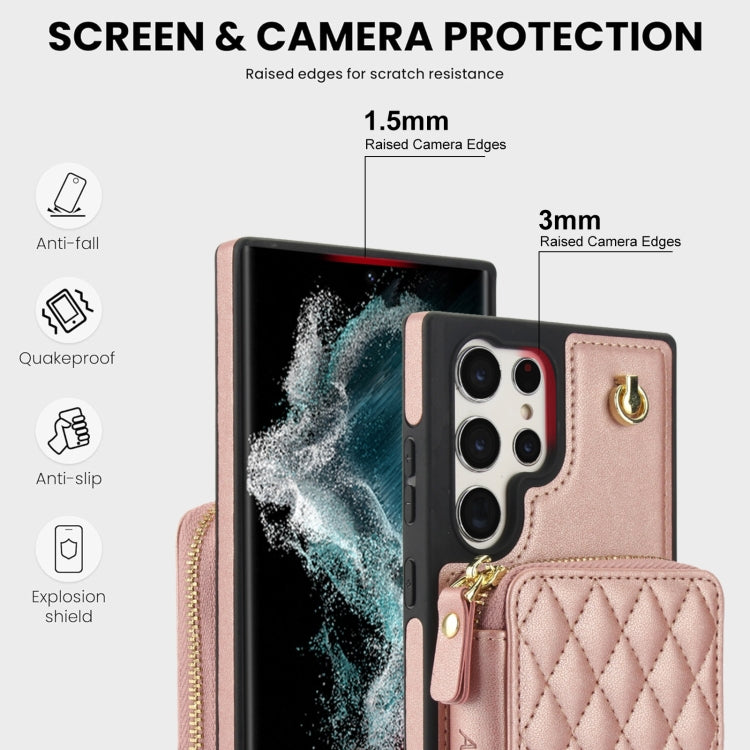 For Samsung Galaxy S22 Ultra 5G AwQuer Crossbody Zipper Wallet Rhombic Leather Back Phone Case